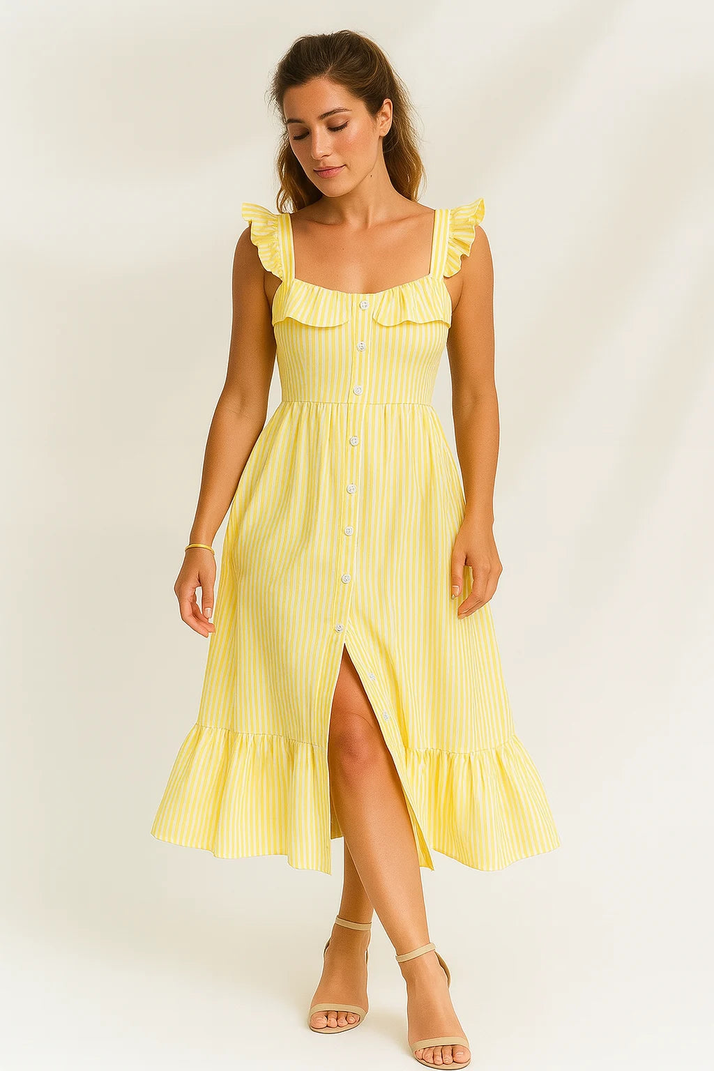 Amelia - Ruffle Strap Midi Dress with Front Slit and Button Detail
