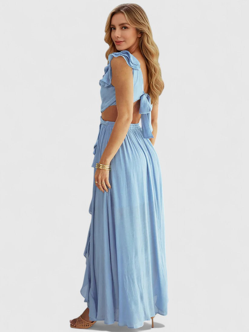 Elowen Plunge Maxi Dress with Front Ruffle Detail for Resort Evenings