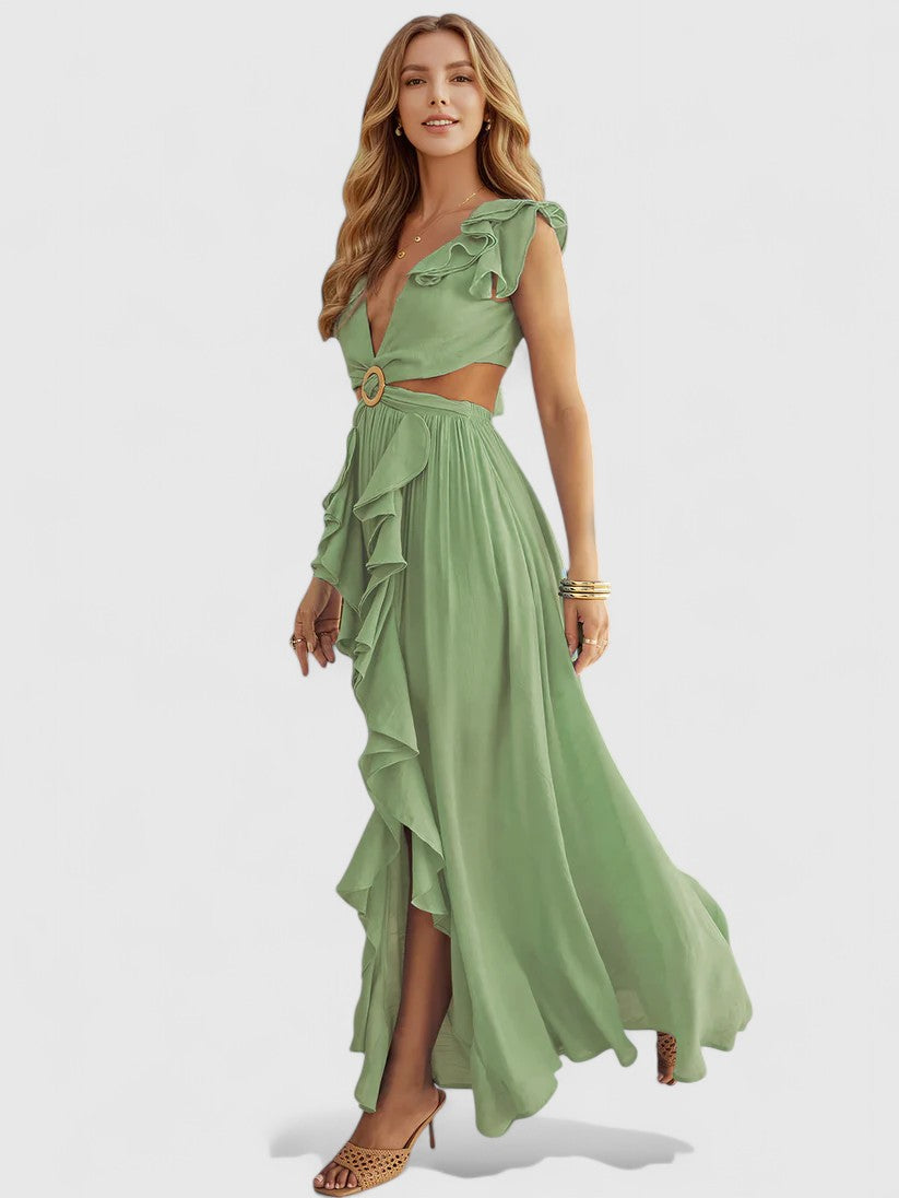 Elowen Plunge Maxi Dress with Front Ruffle Detail for Resort Evenings