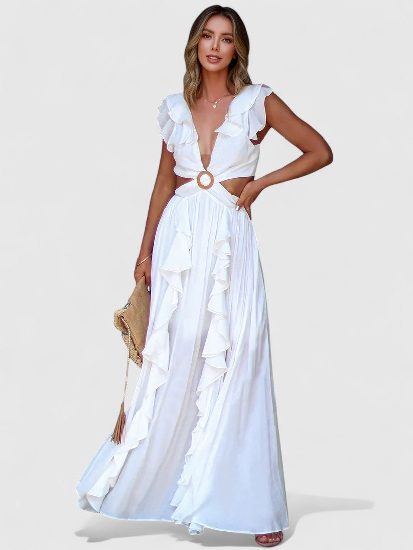 Elowen Plunge Maxi Dress with Front Ruffle Detail for Resort Evenings
