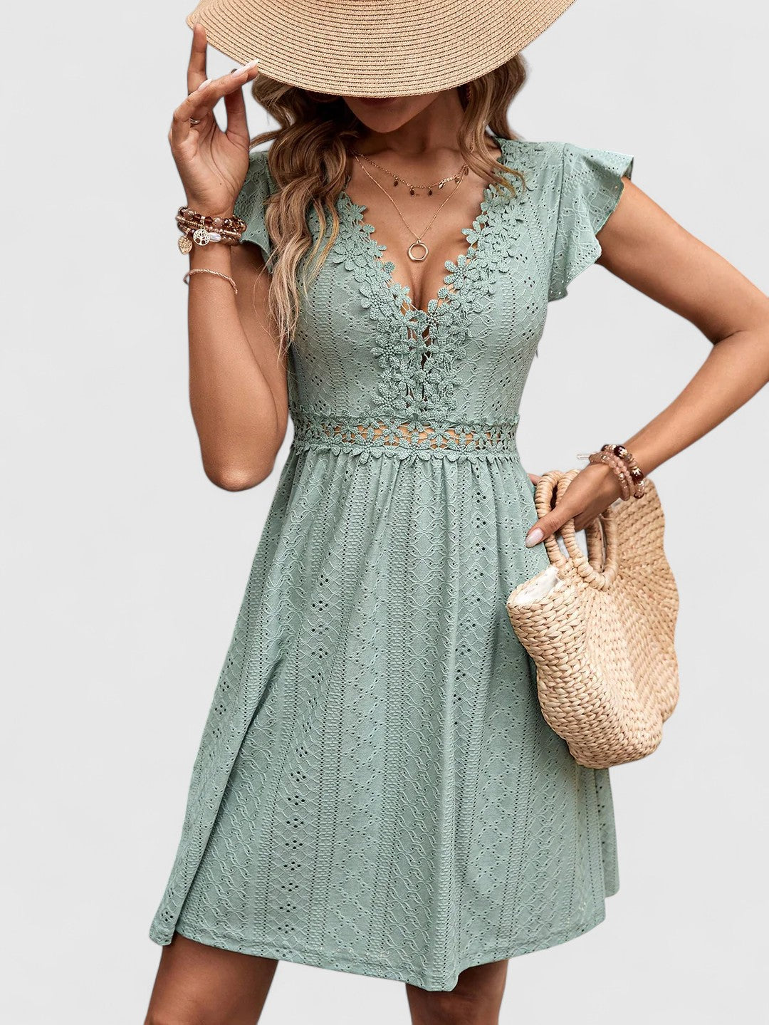 Evelina A-Line Dress with Lace Trim and Flutter Sleeves
