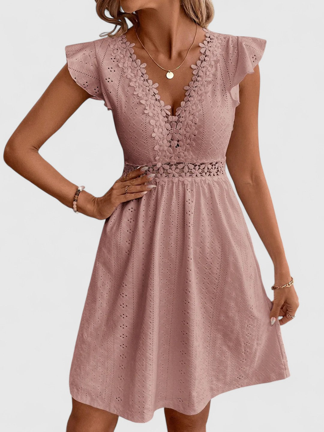 Evelina A-Line Dress with Lace Trim and Flutter Sleeves