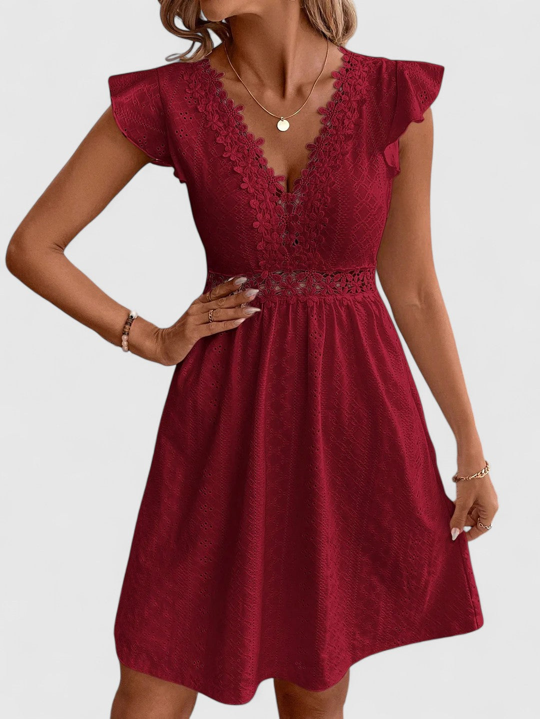 Evelina A-Line Dress with Lace Trim and Flutter Sleeves