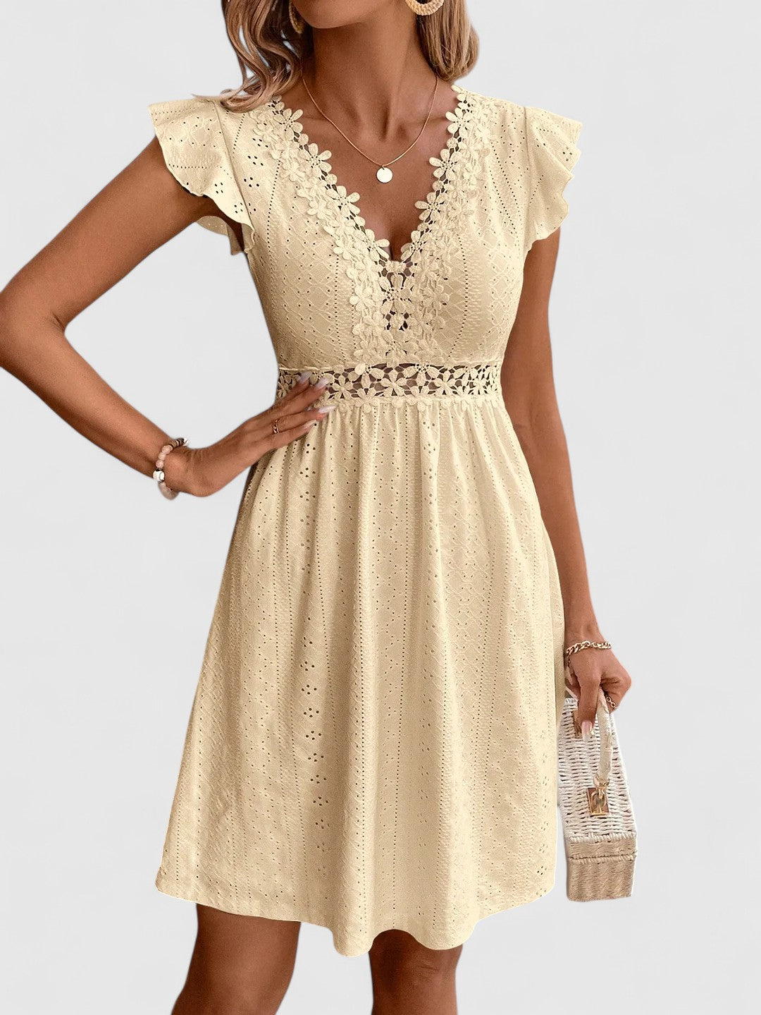 Evelina A-Line Dress with Lace Trim and Flutter Sleeves