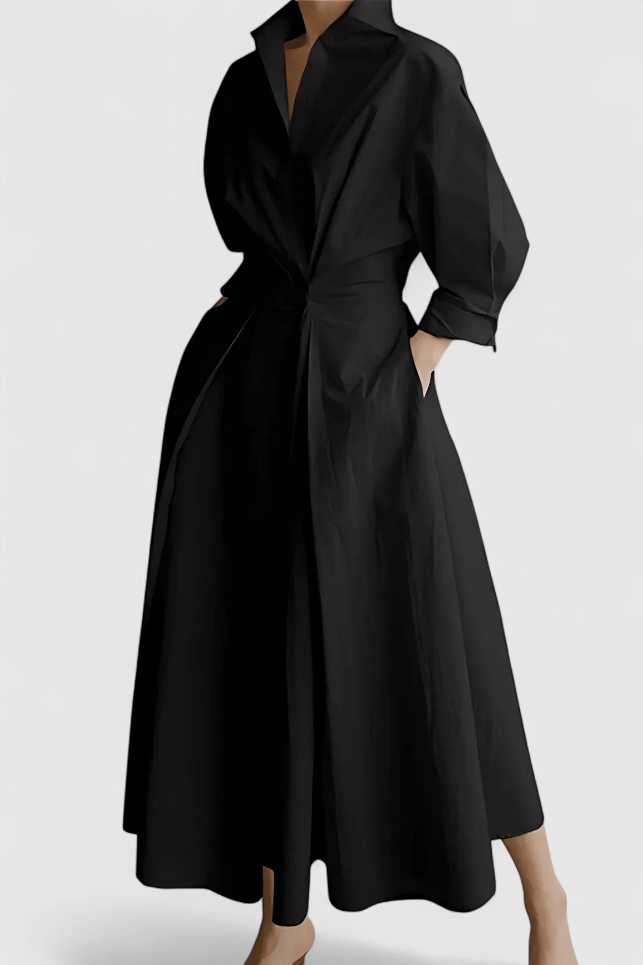 Calantha Midi Dress with Structured Collar and Cinched Waist for Workwear