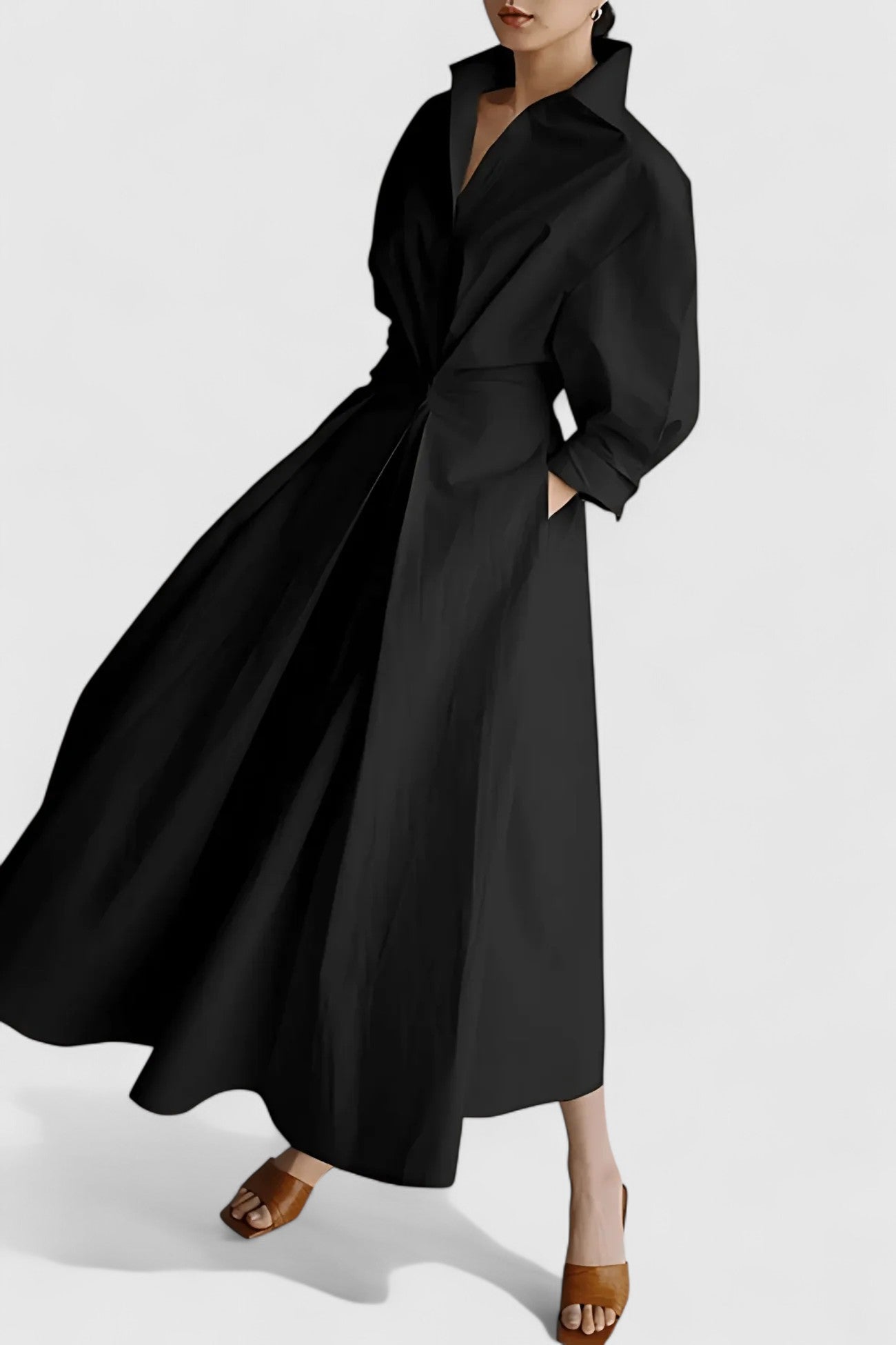 Calantha Midi Dress with Structured Collar and Cinched Waist for Workwear