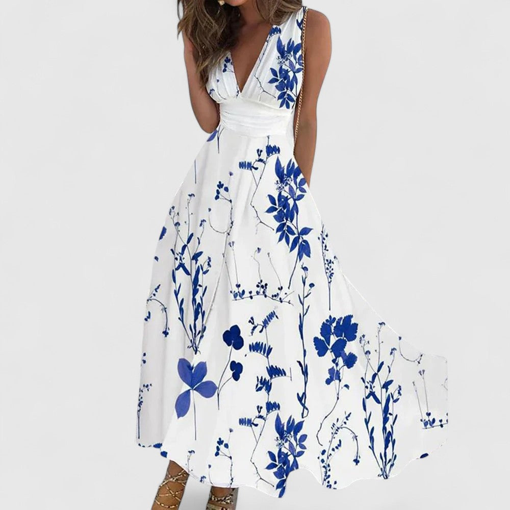 Fiora V-Neck Maxi Dress with Botanical Print for Garden Parties