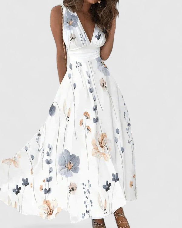 Fiora V-Neck Maxi Dress with Botanical Print for Garden Parties