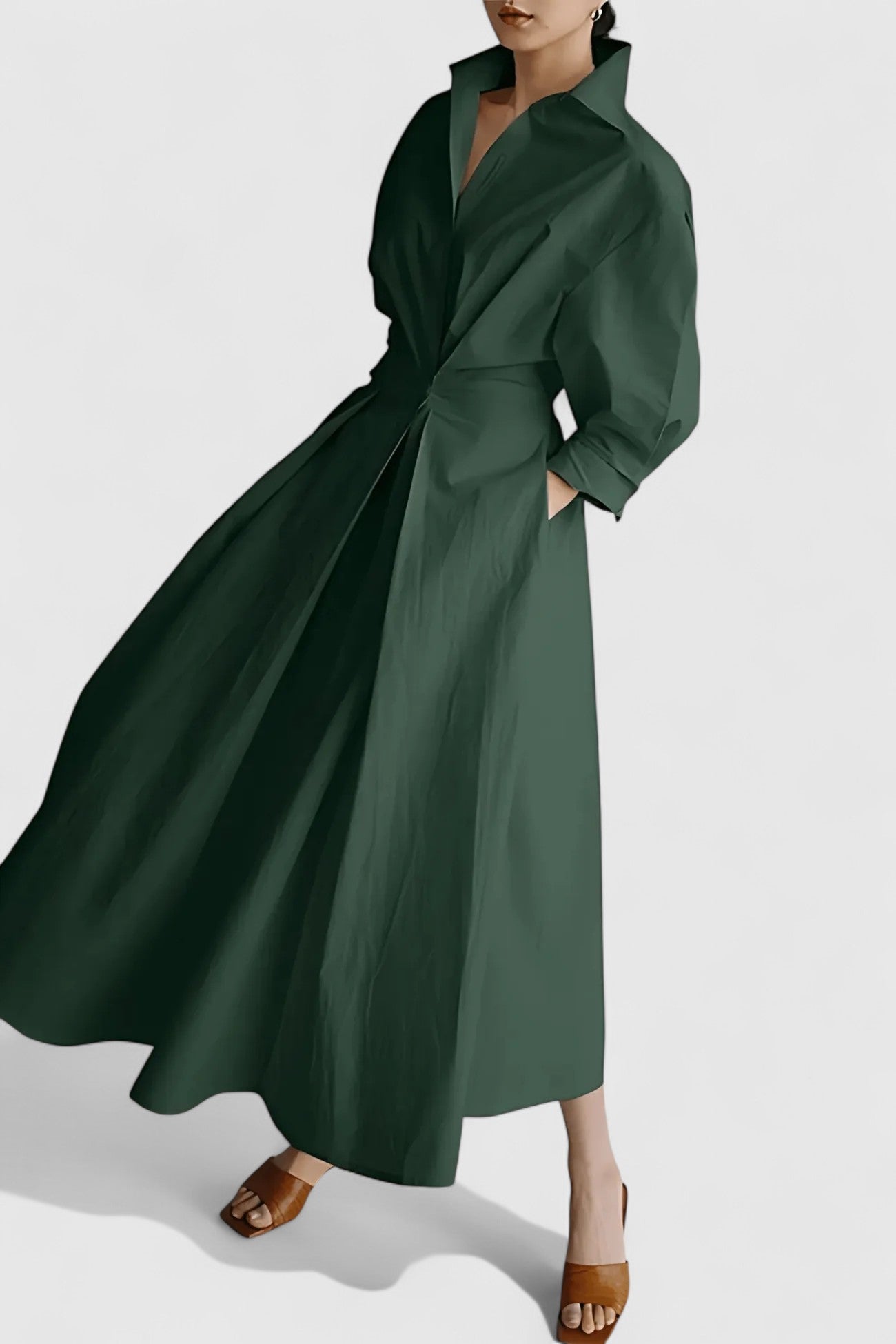Calantha Midi Dress with Structured Collar and Cinched Waist for Workwear