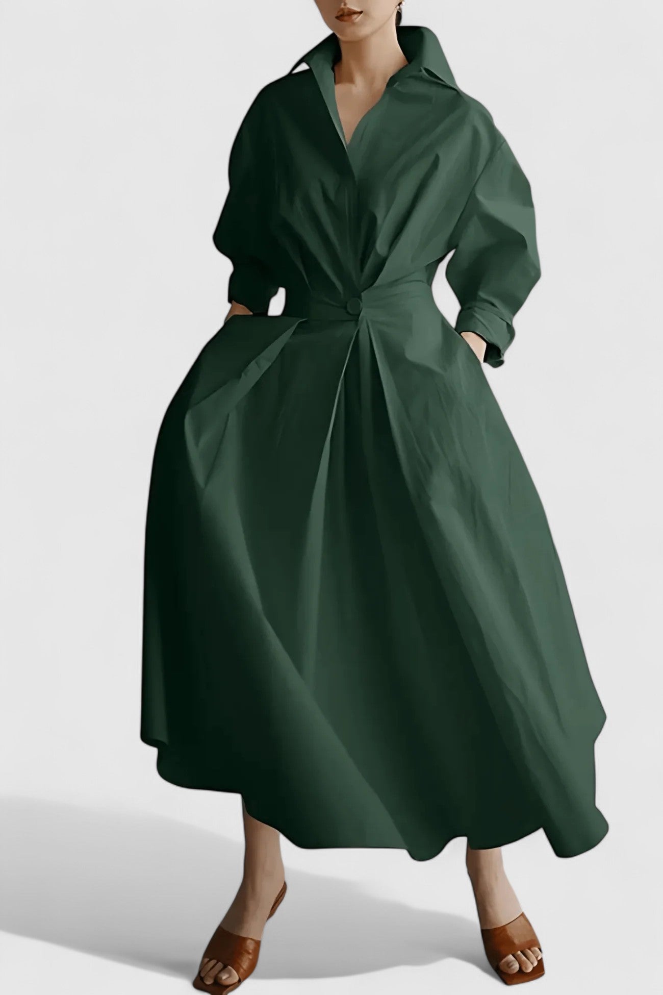 Calantha Midi Dress with Structured Collar and Cinched Waist for Workwear