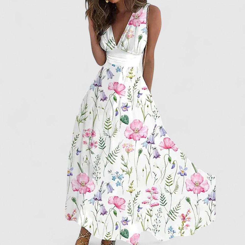 Fiora V-Neck Maxi Dress with Botanical Print for Garden Parties