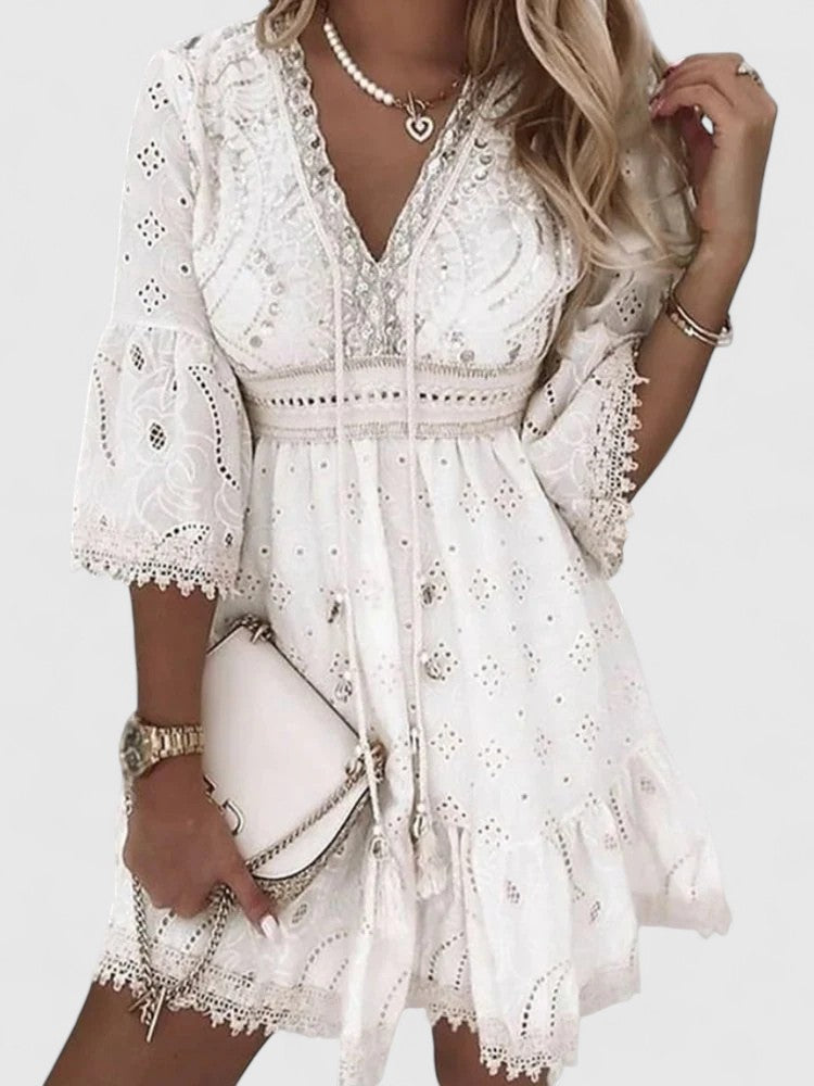 Isolde Boho Mini Dress with Embroidered Trim and Flared Sleeves