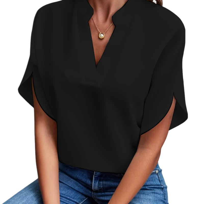 Julietta - Split Neck Blouse with Tulip Sleeves for Casual Workwear