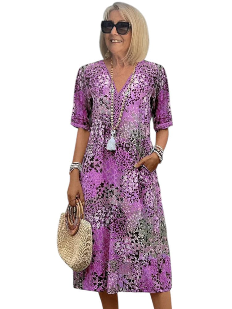 Leonie - A-Line Dress with V Neckline and Half Sleeves for Resortwear