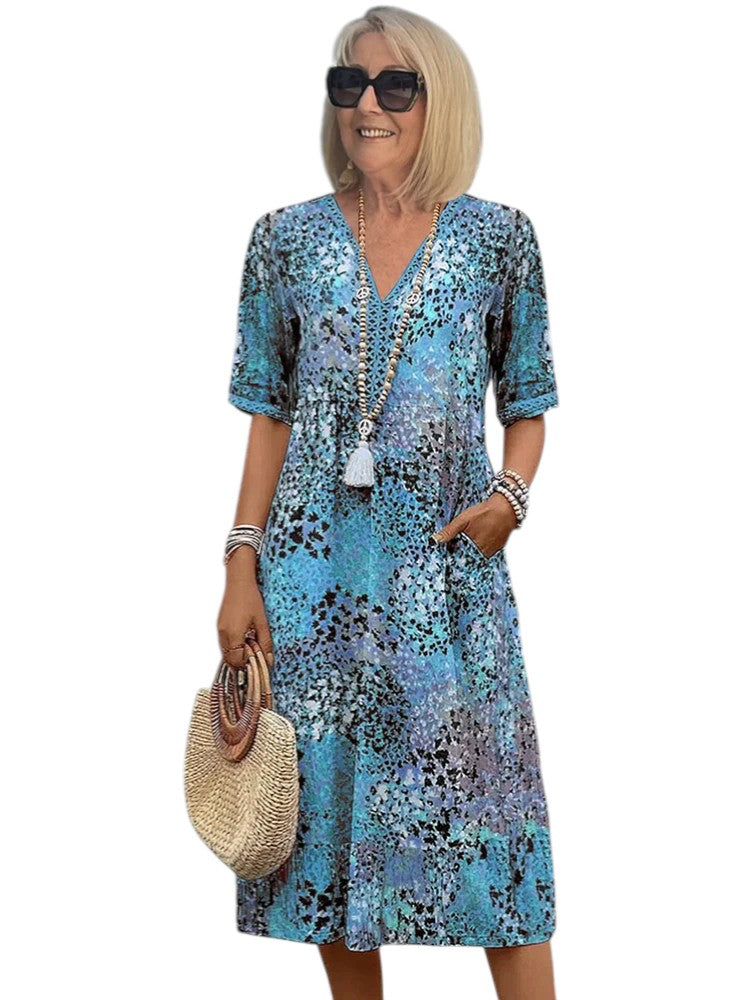 Leonie - A-Line Dress with V Neckline and Half Sleeves for Resortwear
