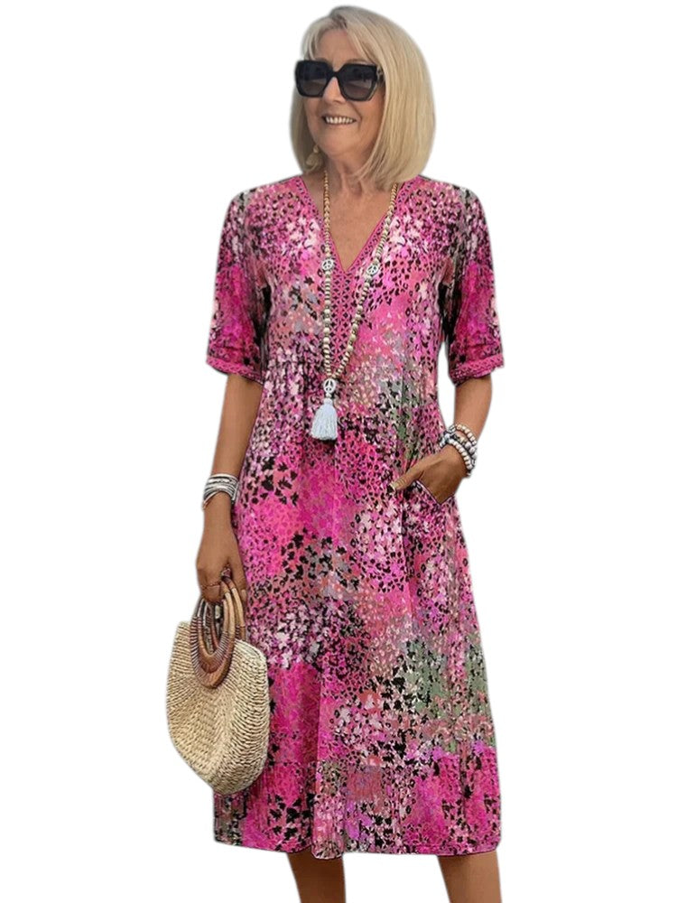Leonie - A-Line Dress with V Neckline and Half Sleeves for Resortwear