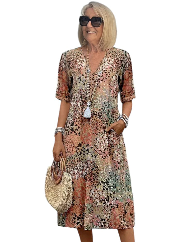 Leonie - A-Line Dress with V Neckline and Half Sleeves for Resortwear