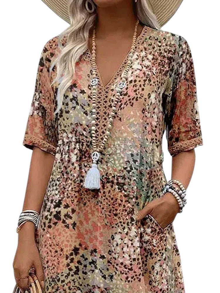 Leonie - A-Line Dress with V Neckline and Half Sleeves for Resortwear
