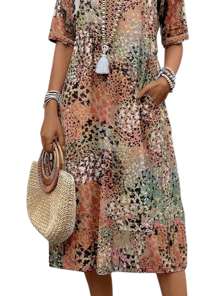Leonie - A-Line Dress with V Neckline and Half Sleeves for Resortwear