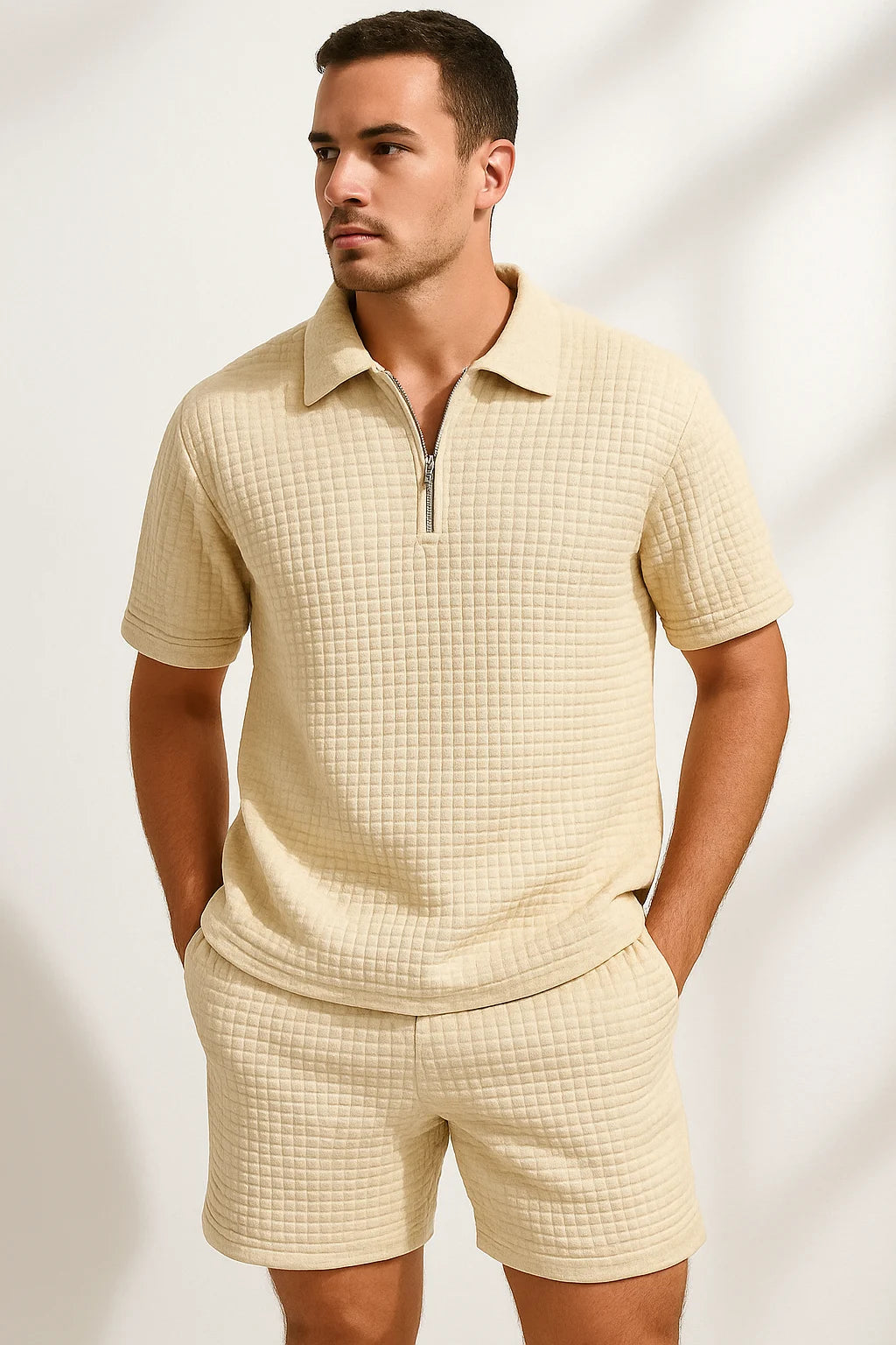 Miles - Textured Polo Shirt and Shorts Set with Quarter-Zip Neckline