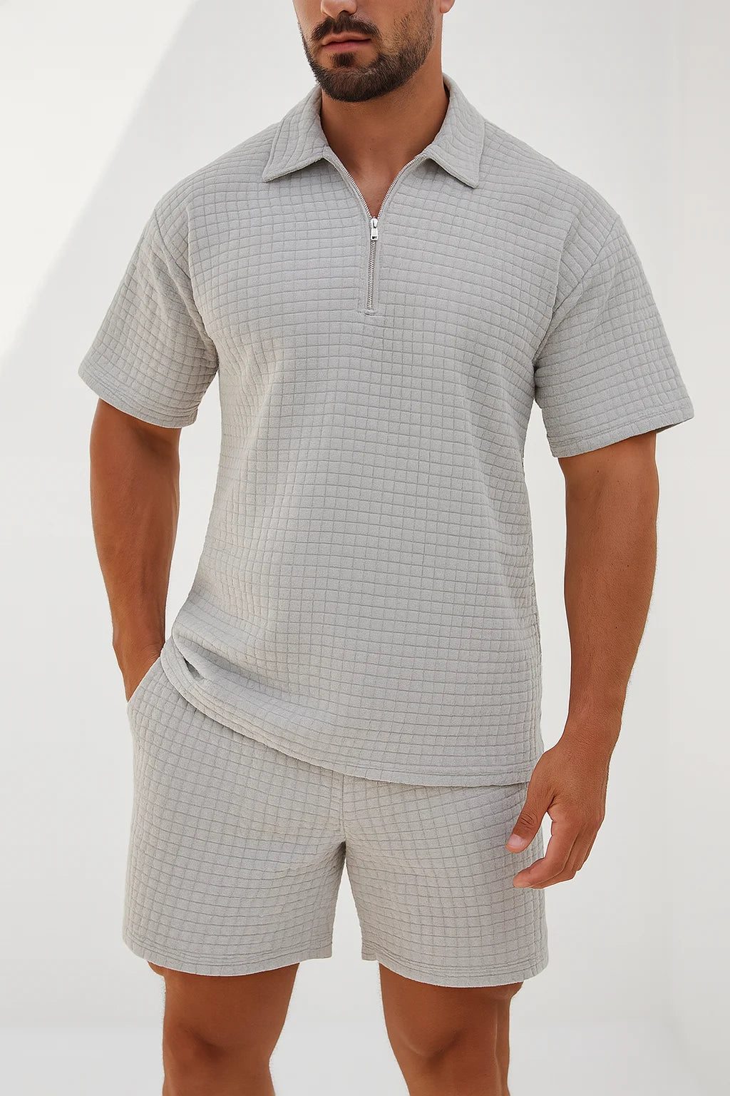 Miles - Textured Polo Shirt and Shorts Set with Quarter-Zip Neckline