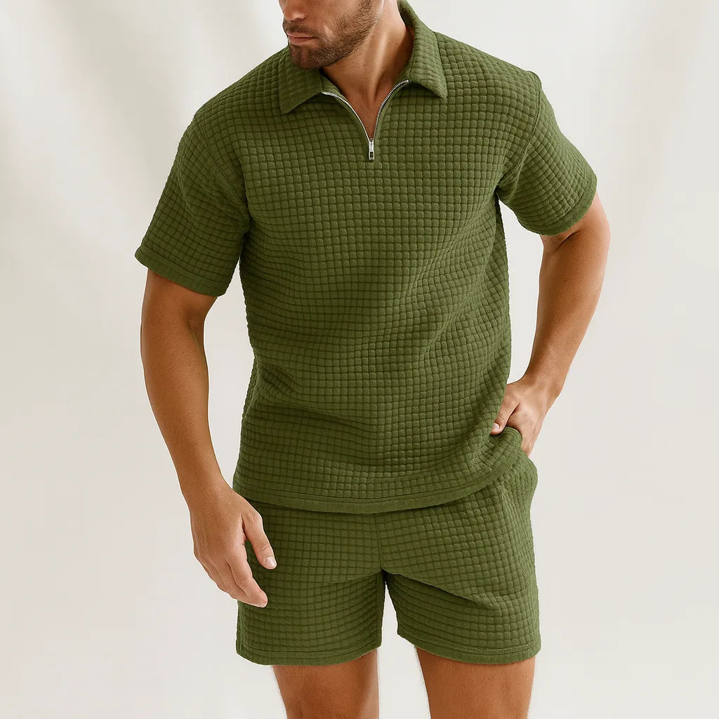 Miles - Textured Polo Shirt and Shorts Set with Quarter-Zip Neckline