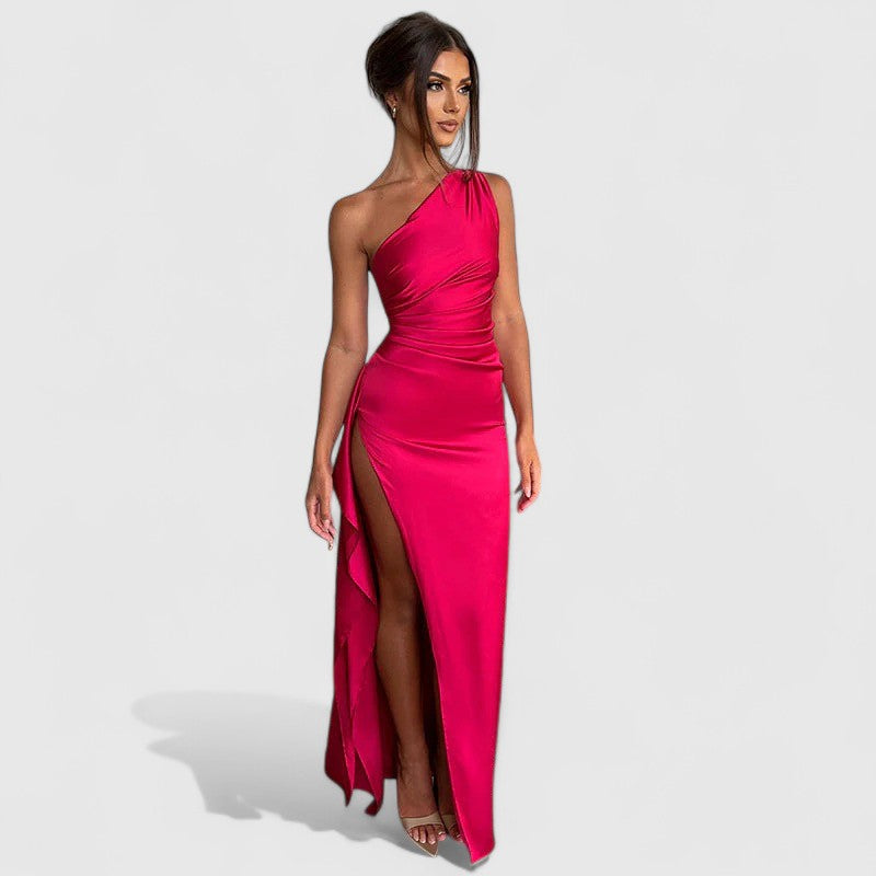 Miranda One-Shoulder Satin Maxi Dress with High Slit