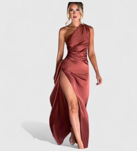 Miranda One-Shoulder Satin Maxi Dress with High Slit