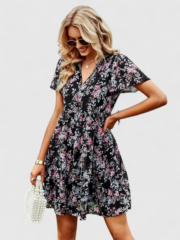 Mireille Tiered V-Neck Dress with Short Flow Sleeves