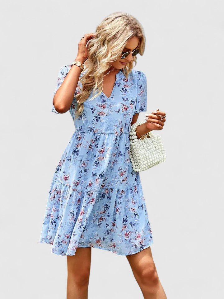 Mireille Tiered V-Neck Dress with Short Flow Sleeves
