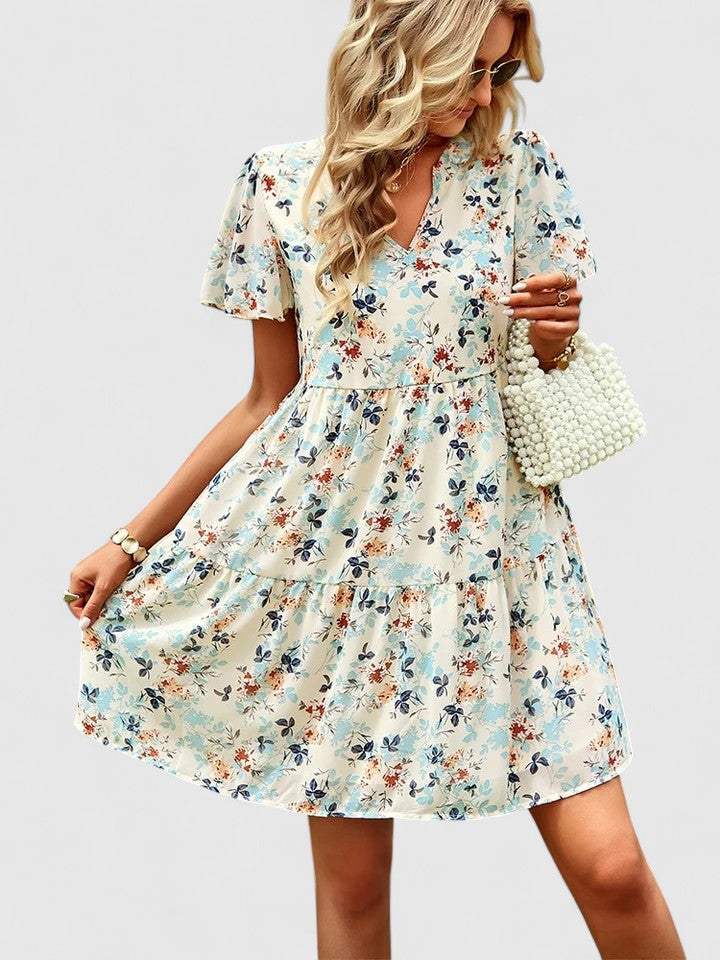 Mireille Tiered V-Neck Dress with Short Flow Sleeves