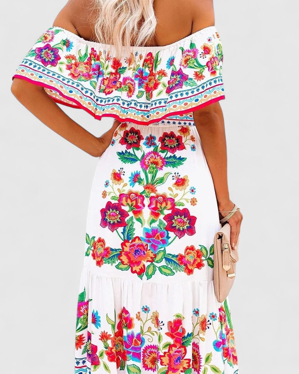 Natalia Off-Shoulder Maxi Dress with Floral Embroidery