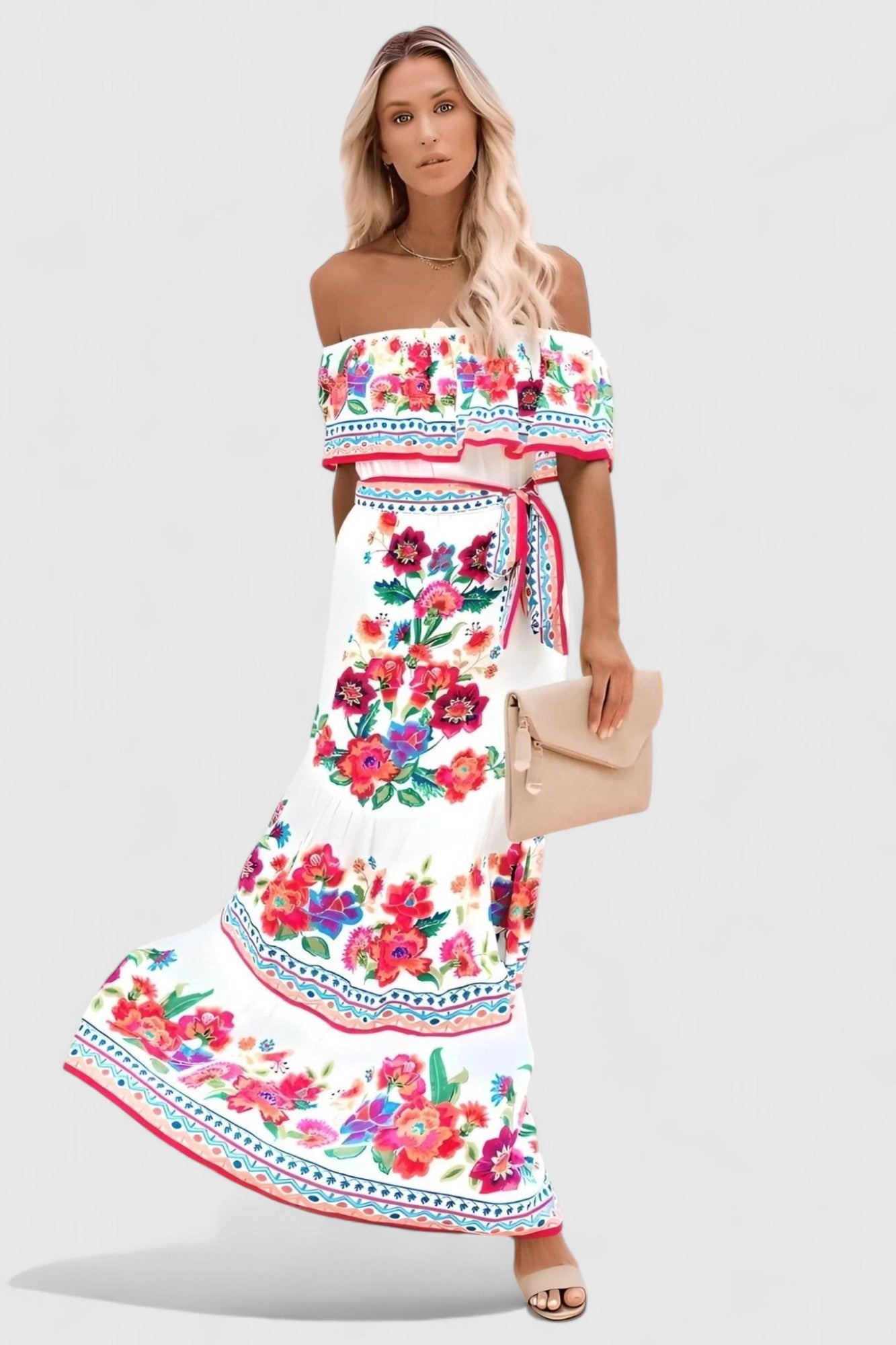 Natalia Off-Shoulder Maxi Dress with Floral Embroidery