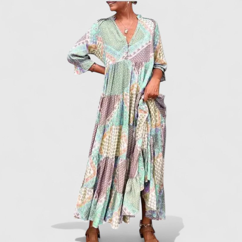 Marcelline Boho Maxi Dress with Flowing Tiered Silhouette and V-Neckline