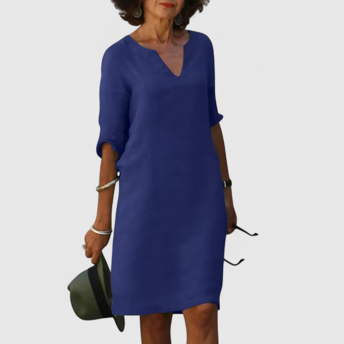 Odette Shift Dress with 3/4 Sleeves and Notch Neckline