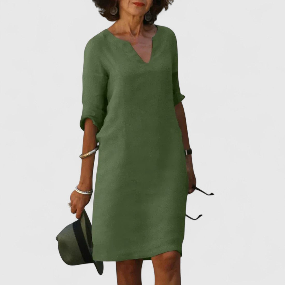 Odette Shift Dress with 3/4 Sleeves and Notch Neckline