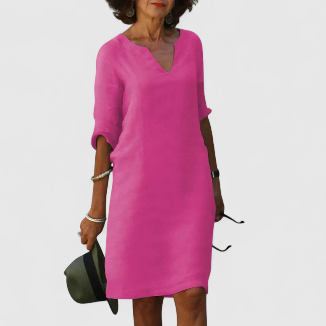 Odette Shift Dress with 3/4 Sleeves and Notch Neckline
