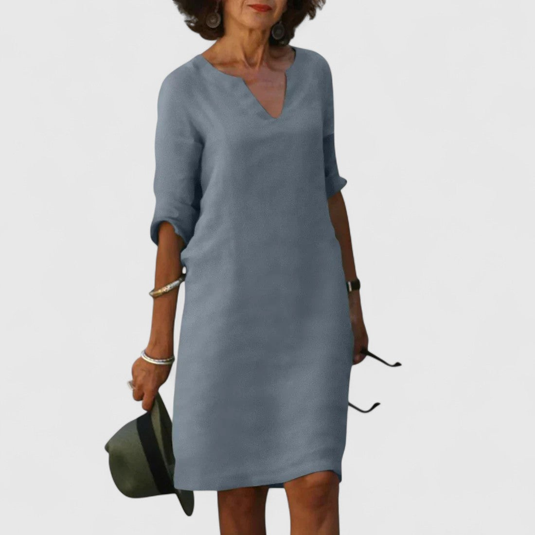 Odette Shift Dress with 3/4 Sleeves and Notch Neckline