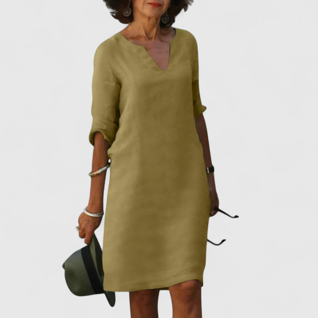Odette Shift Dress with 3/4 Sleeves and Notch Neckline