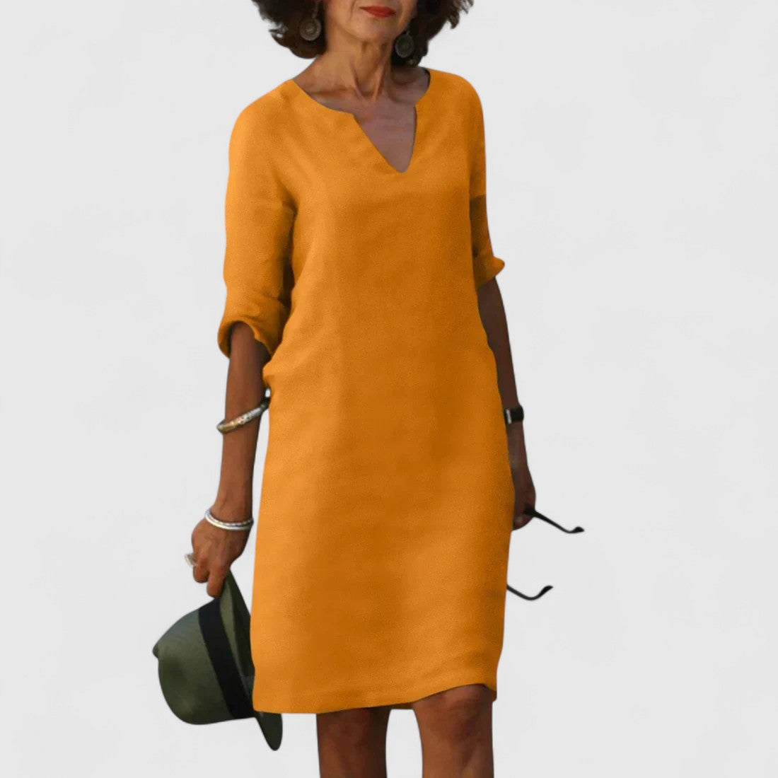 Odette Shift Dress with 3/4 Sleeves and Notch Neckline