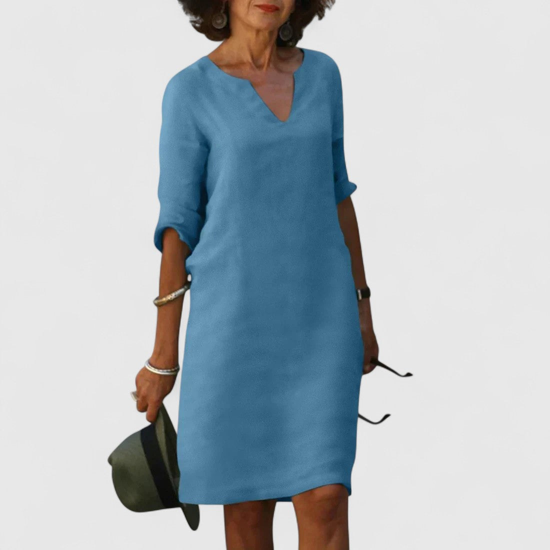 Odette Shift Dress with 3/4 Sleeves and Notch Neckline