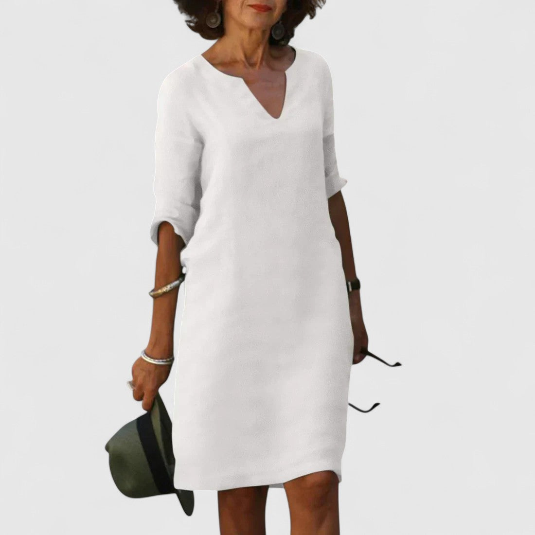 Odette Shift Dress with 3/4 Sleeves and Notch Neckline