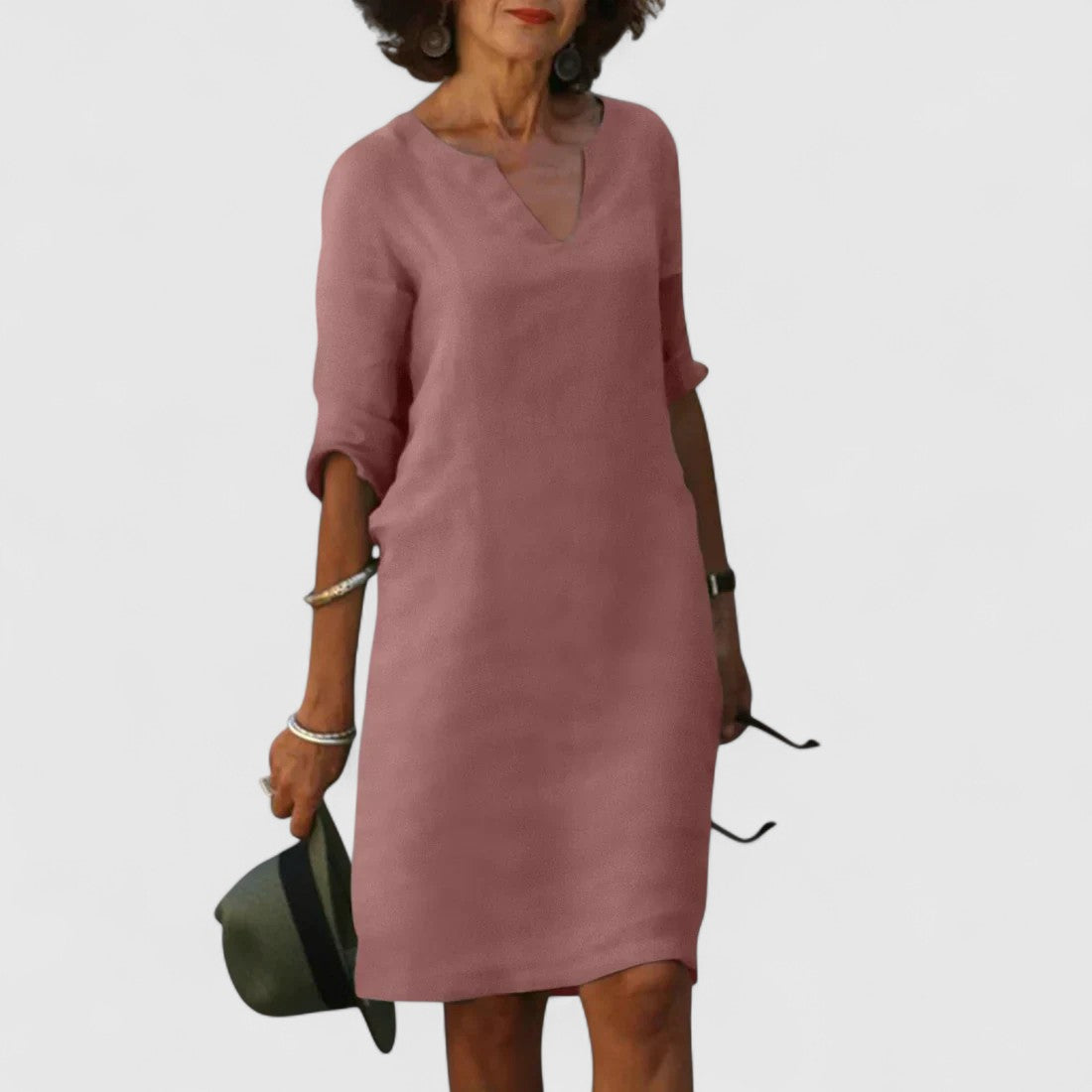 Odette Shift Dress with 3/4 Sleeves and Notch Neckline