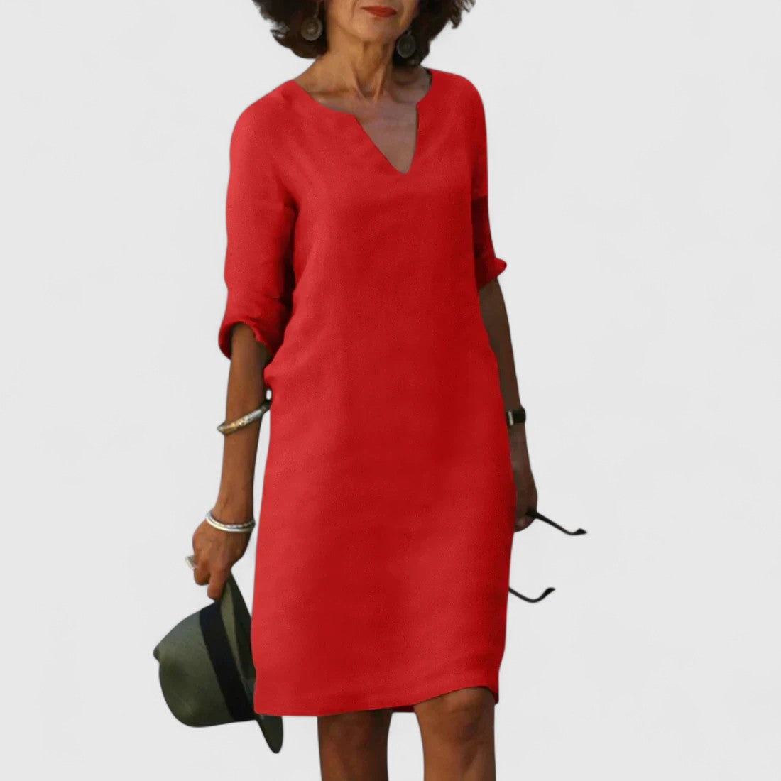 Odette Shift Dress with 3/4 Sleeves and Notch Neckline