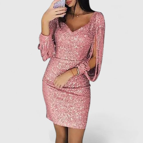 Valencia Bodycon Dress with Draped Fringe Sleeves for Eveningwear
