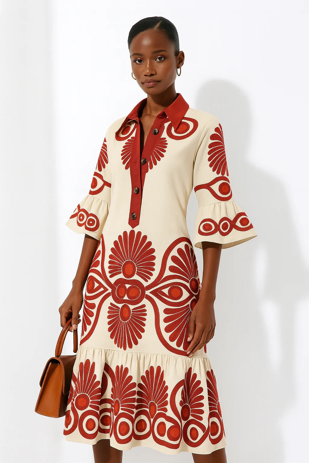 Amara - Embroidered Midi Dress with Flared Sleeves and Boho Motifs