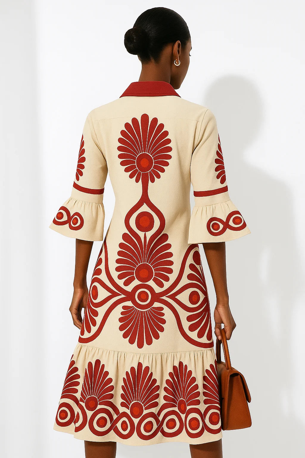 Amara - Embroidered Midi Dress with Flared Sleeves and Boho Motifs