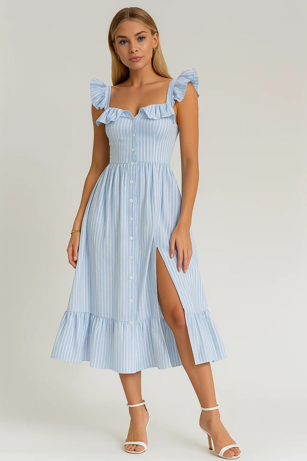 Amelia - Ruffle Strap Midi Dress with Front Slit and Button Detail