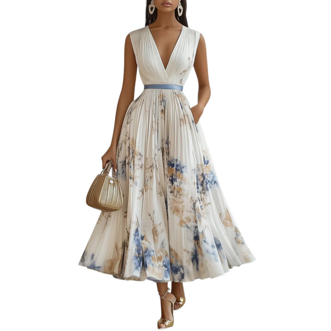 Amelina - Maxi Dress with Pleated Skirt and Deep V Neckline