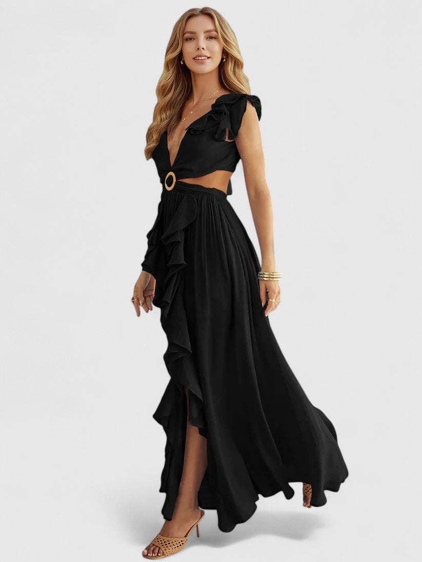 Elowen Plunge Maxi Dress with Front Ruffle Detail for Resort Evenings